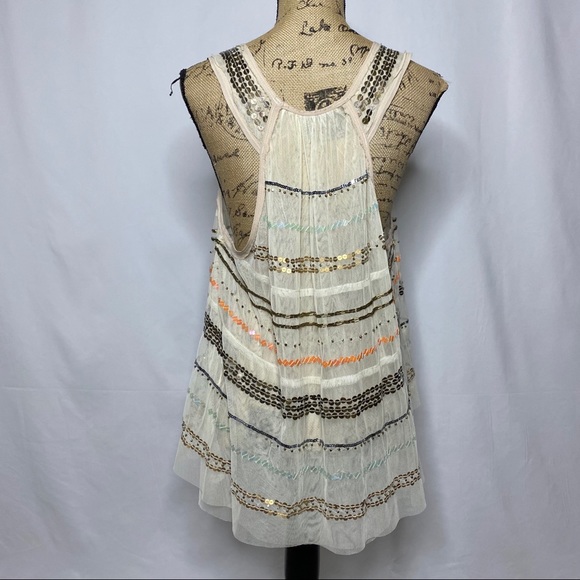 Free People Cream Multi Color Sequin Mesh Tank Top - Picture 5 of 16